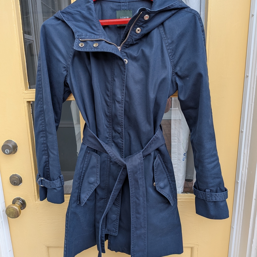 J. Crew Dark Blue Hooded Trench Coat